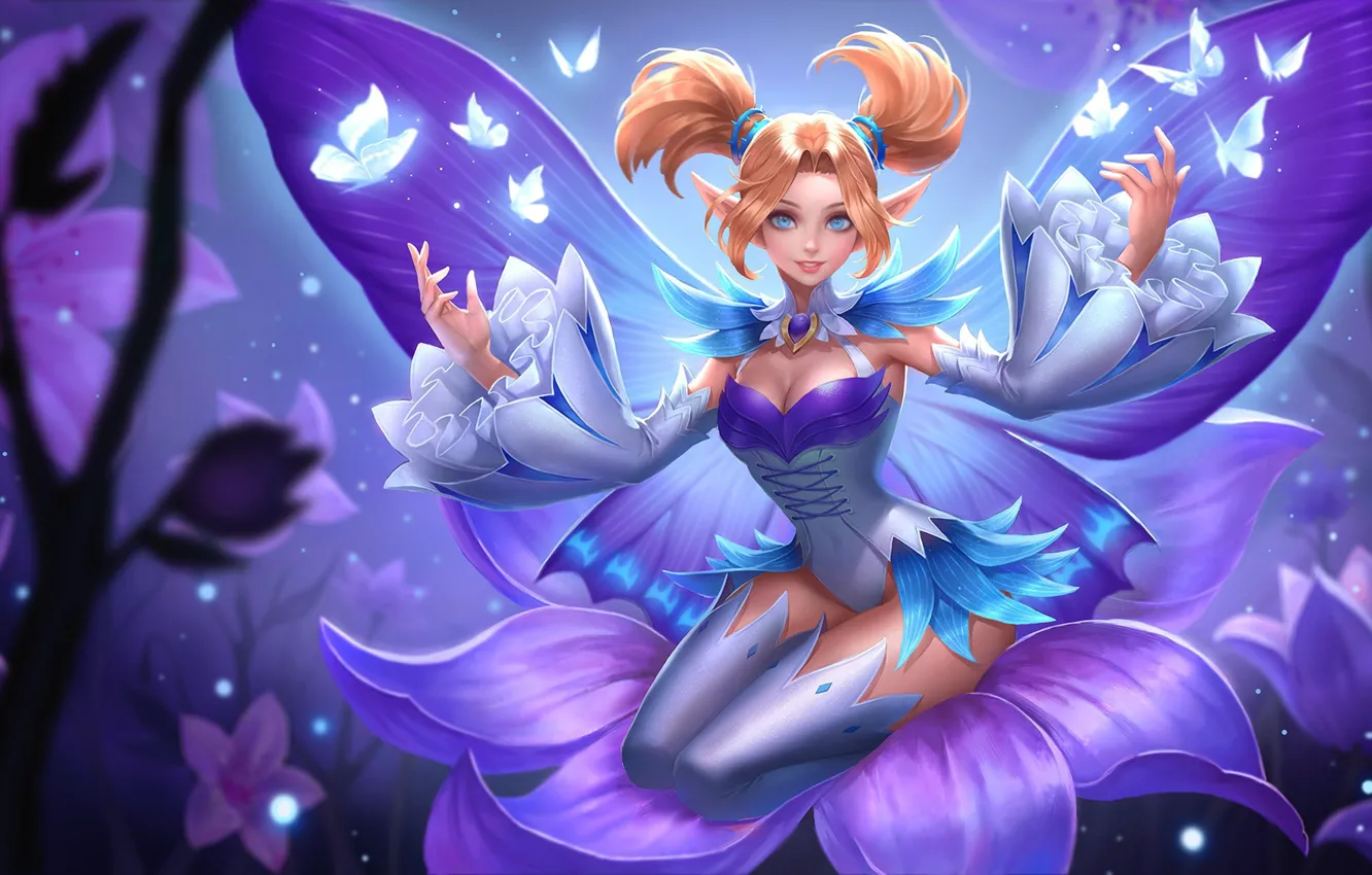 Photo wallpaper girl, butterfly, flowers, smile, magic, the game, wings, art