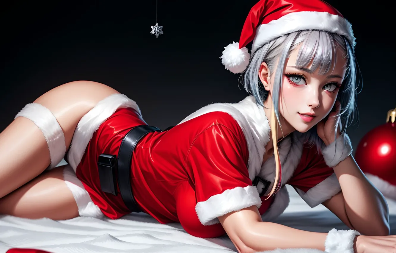 Photo wallpaper girl, art, Santa, New Year holiday