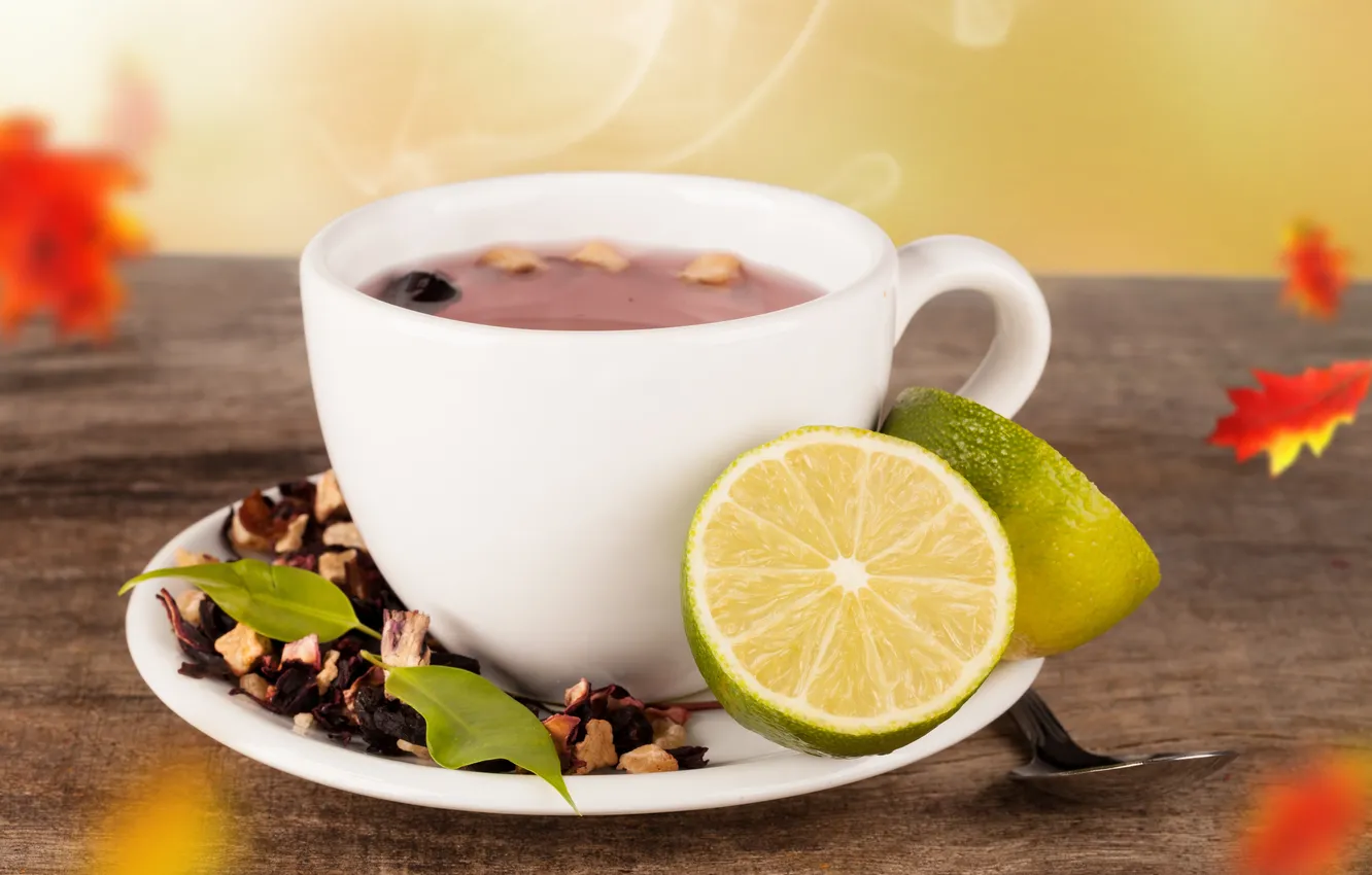 Photo wallpaper leaves, tea, hot, spoon, Cup, lime, saucer, welding