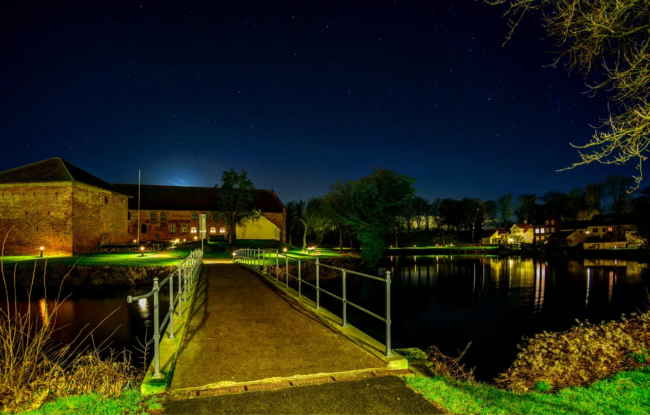 Photo wallpaper the sky, stars, night, bridge, lights, river, shore, home