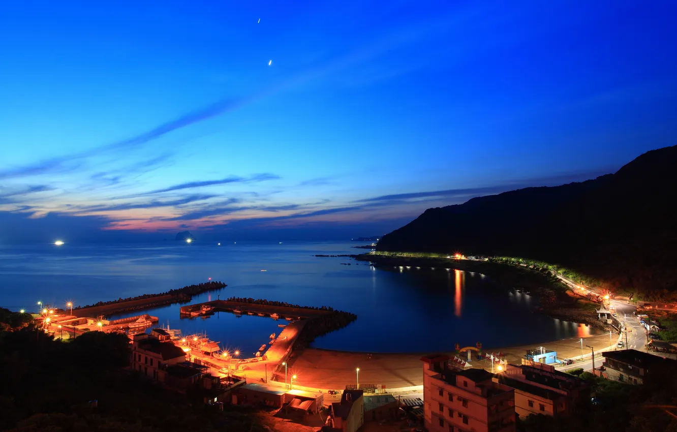 Photo wallpaper sea, landscape, night, the city, Bay