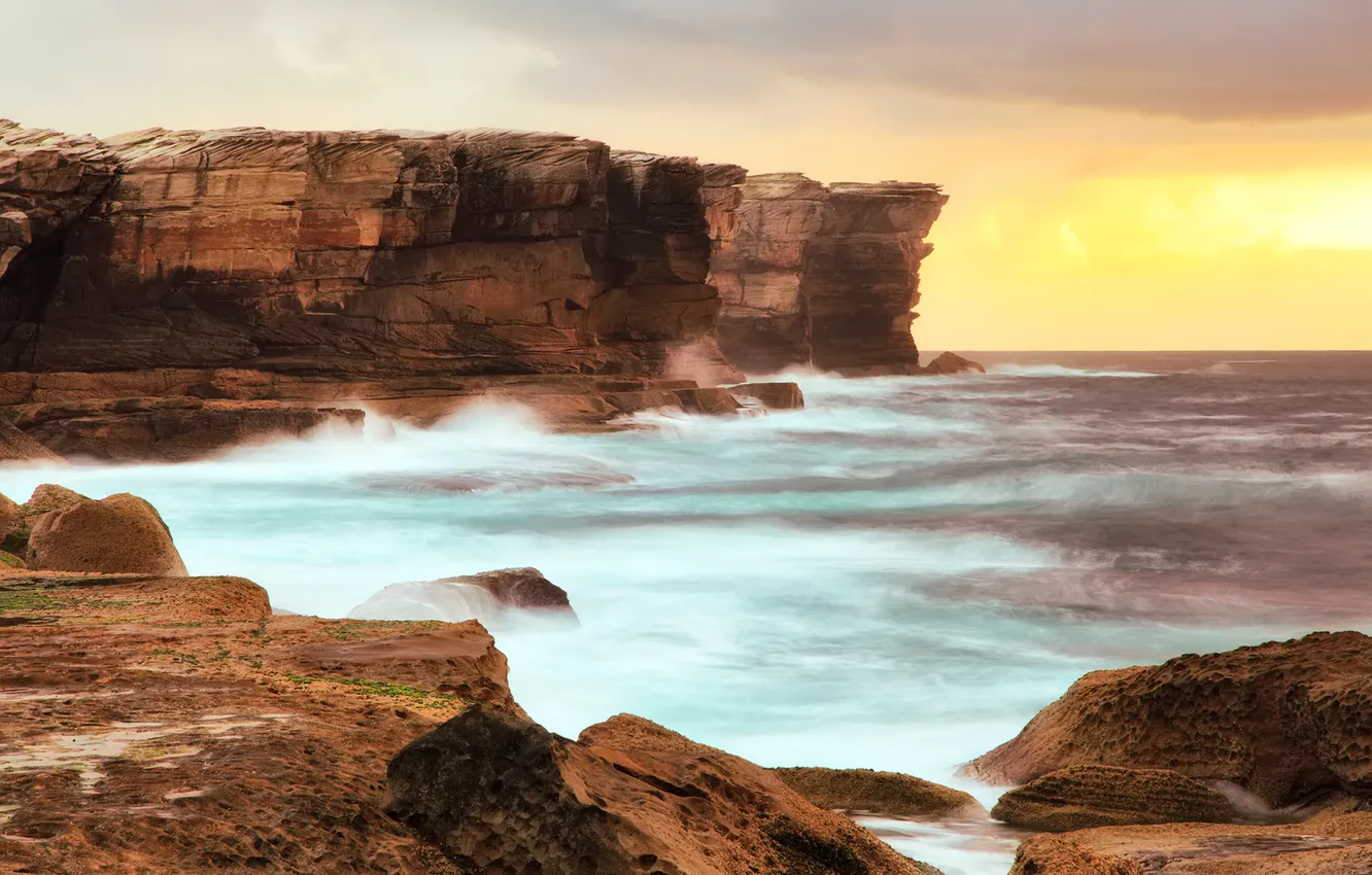 Photo wallpaper sea, the ocean, rocks, dawn, coast, Australia, Australia, Sydney