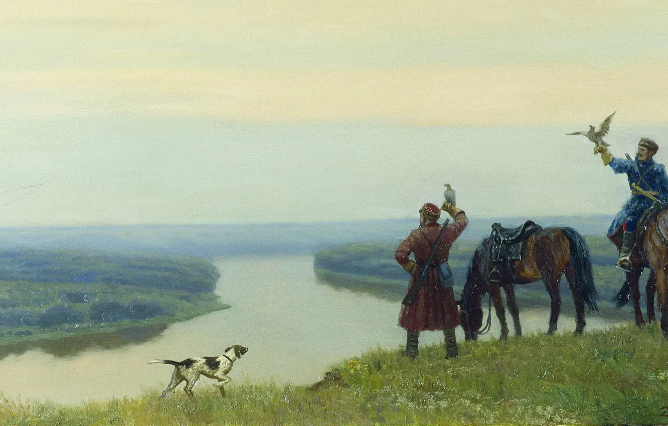 Photo wallpaper the sky, clouds, river, horse, people, picture, space, don