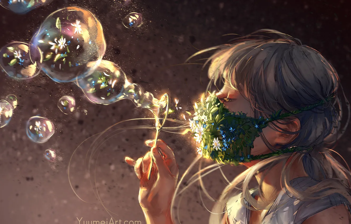 Photo wallpaper hand, chamomile, bubbles, girl, forget-me-nots, bangs, in profile, rainbow