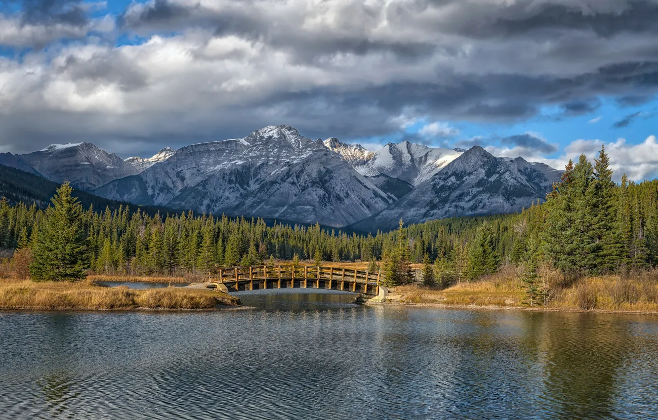 Photo wallpaper forest, mountains, bridge, lake, Canada, Albert, Banff National Park, Alberta