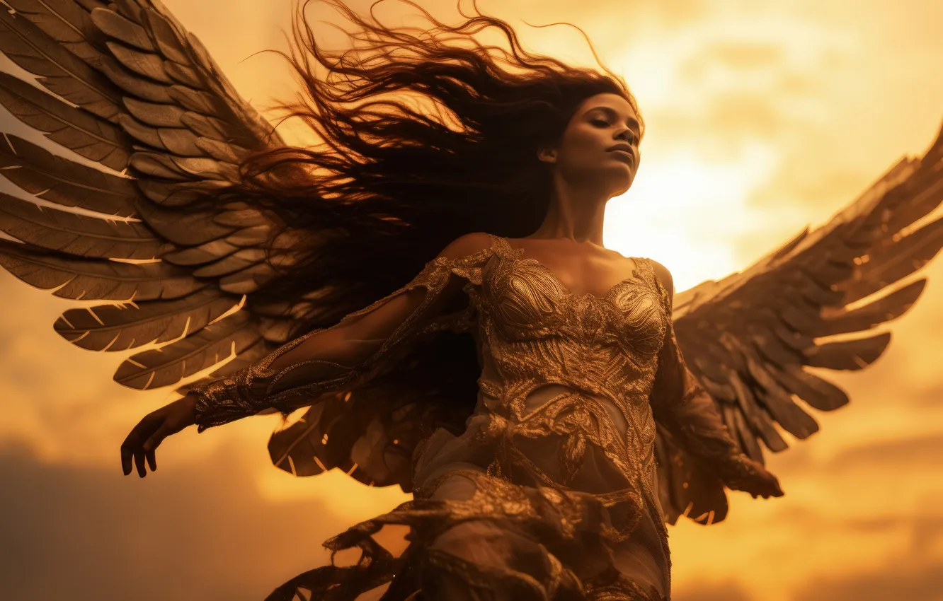 Photo wallpaper girl, dawn, hair, wings, angel, digital art, AI art, The Art of Artificial Intelligence