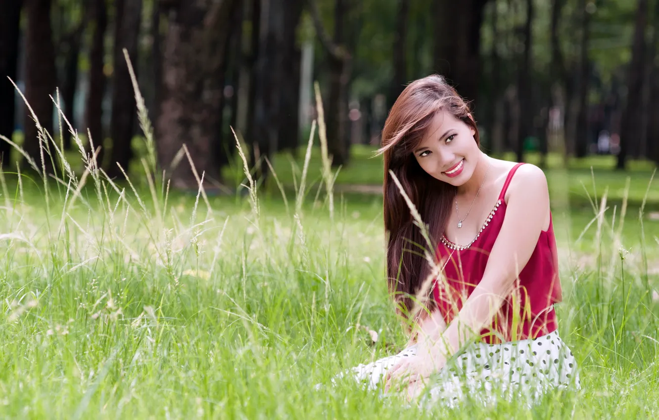 Photo wallpaper look, girl, smile, mood, Asian