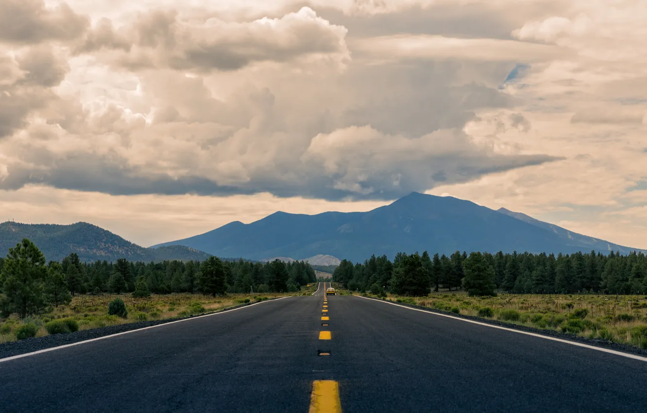 Photo wallpaper road, clouds, mountains, car