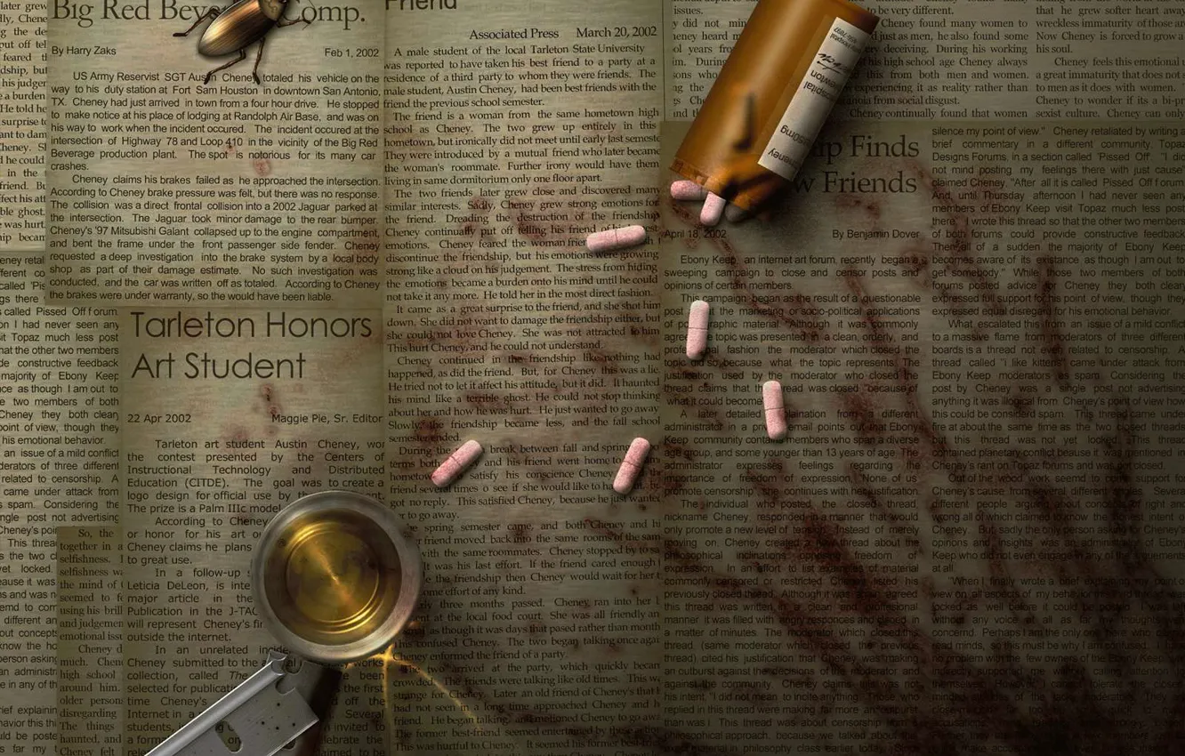 Photo wallpaper beetle, blade, newspaper, pills, traces of blood