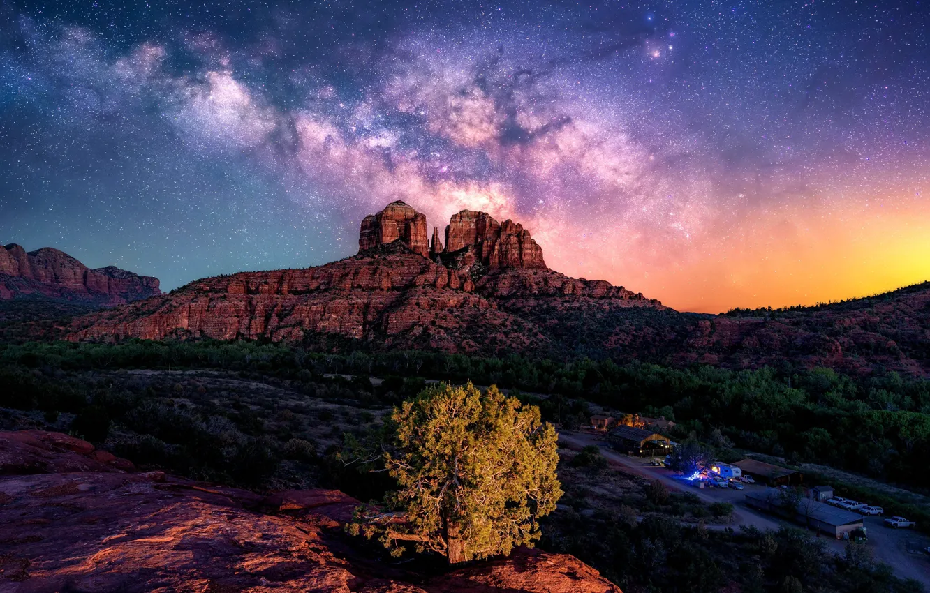 Photo wallpaper mountains, night, rocks, desert, canyon, the milky way
