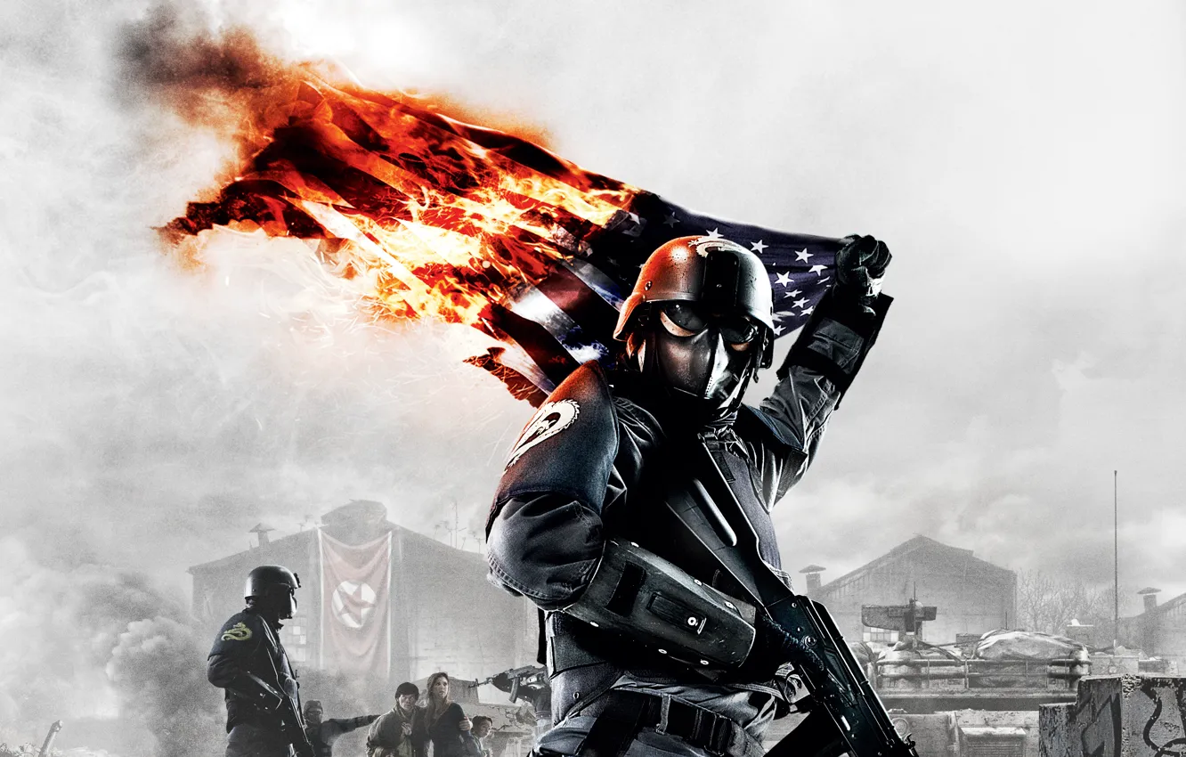 Photo wallpaper war, flag, machine, fighter, Homefront, Burning Flag