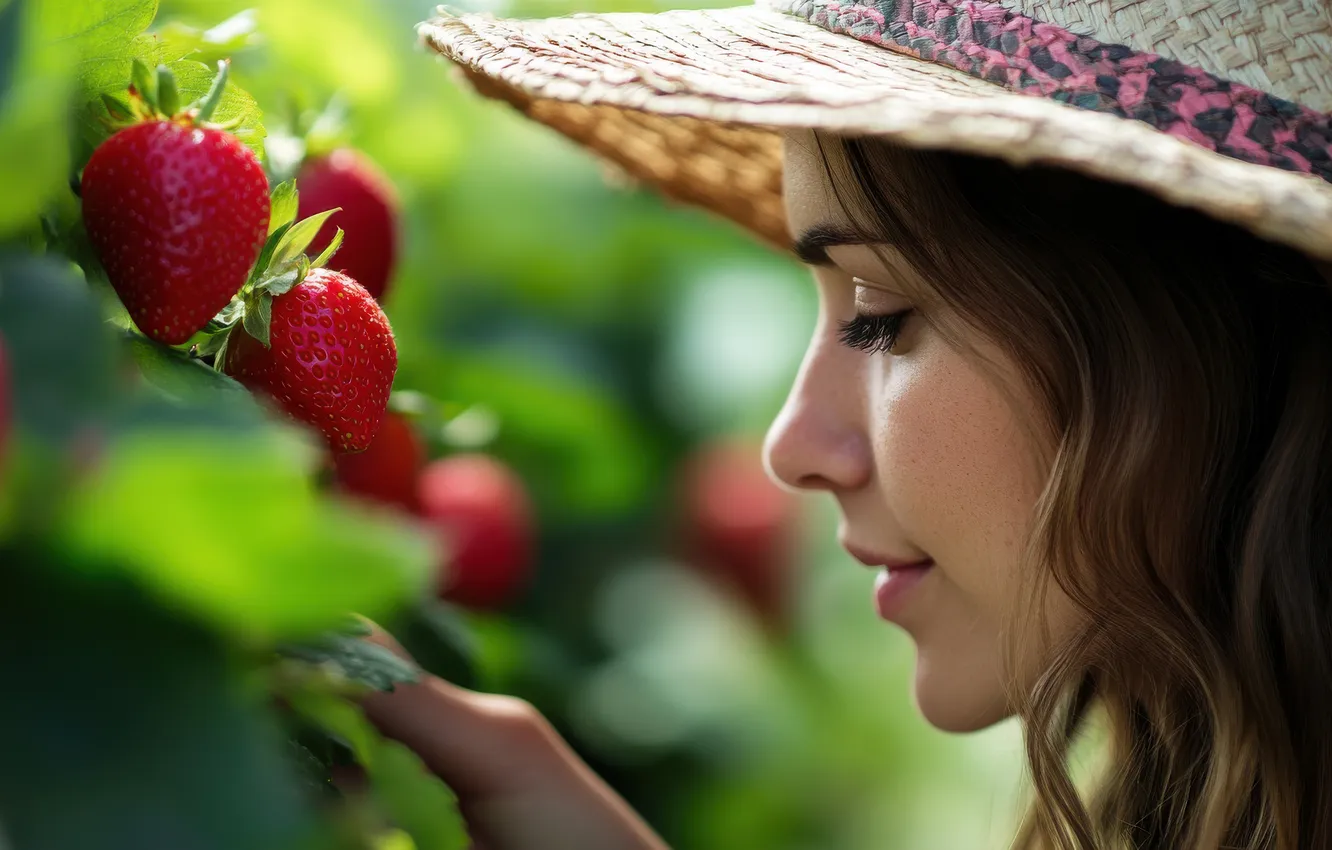 Photo wallpaper summer, look, leaves, girl, face, berries, portrait, hat