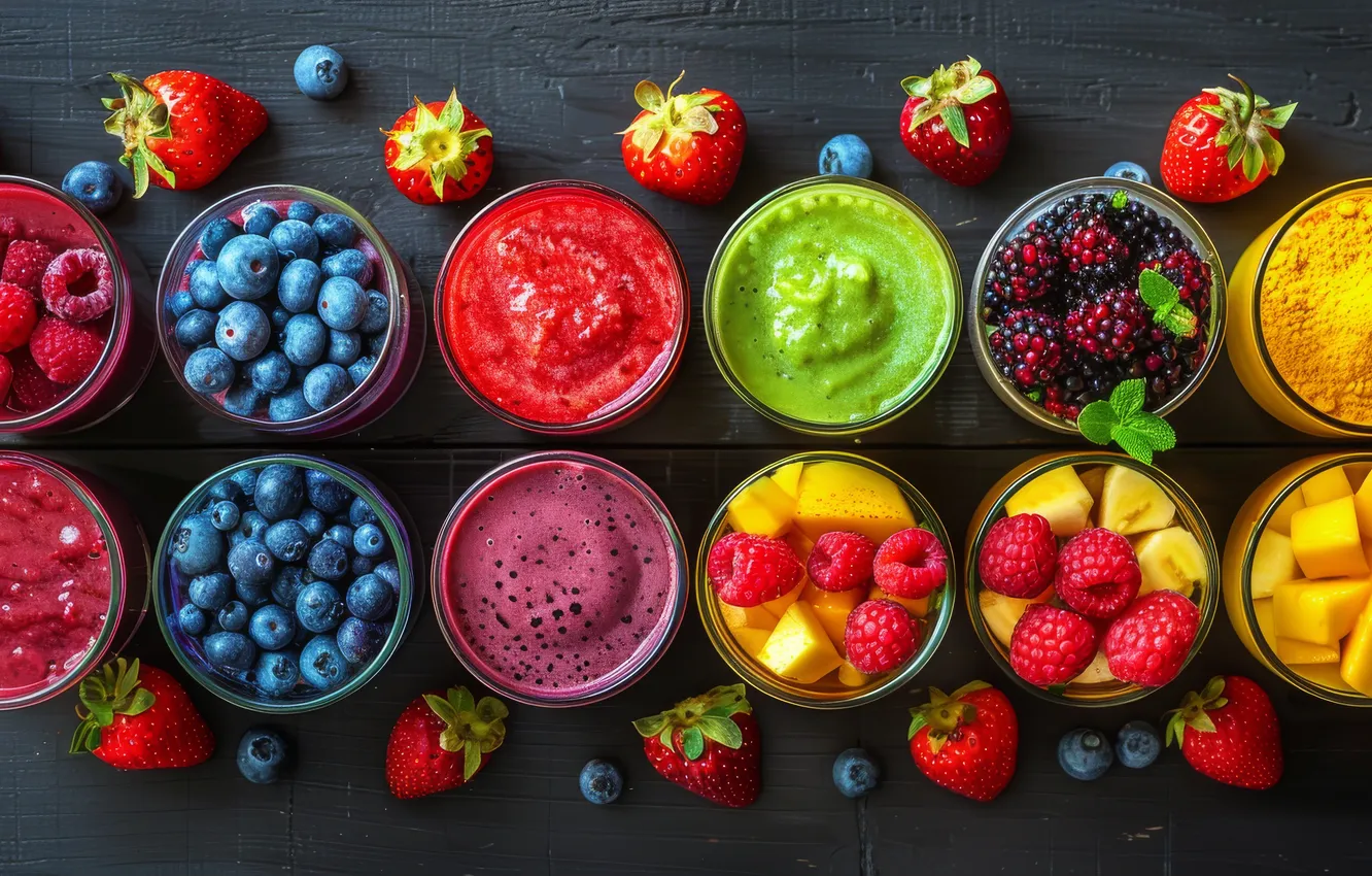 Photo wallpaper glass, berries, raspberry, Board, glass, blueberries, strawberry, mango