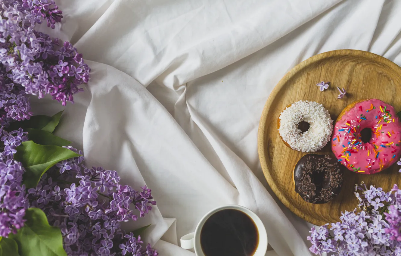 Photo wallpaper Flowers, Coffee, Lilac, Donuts