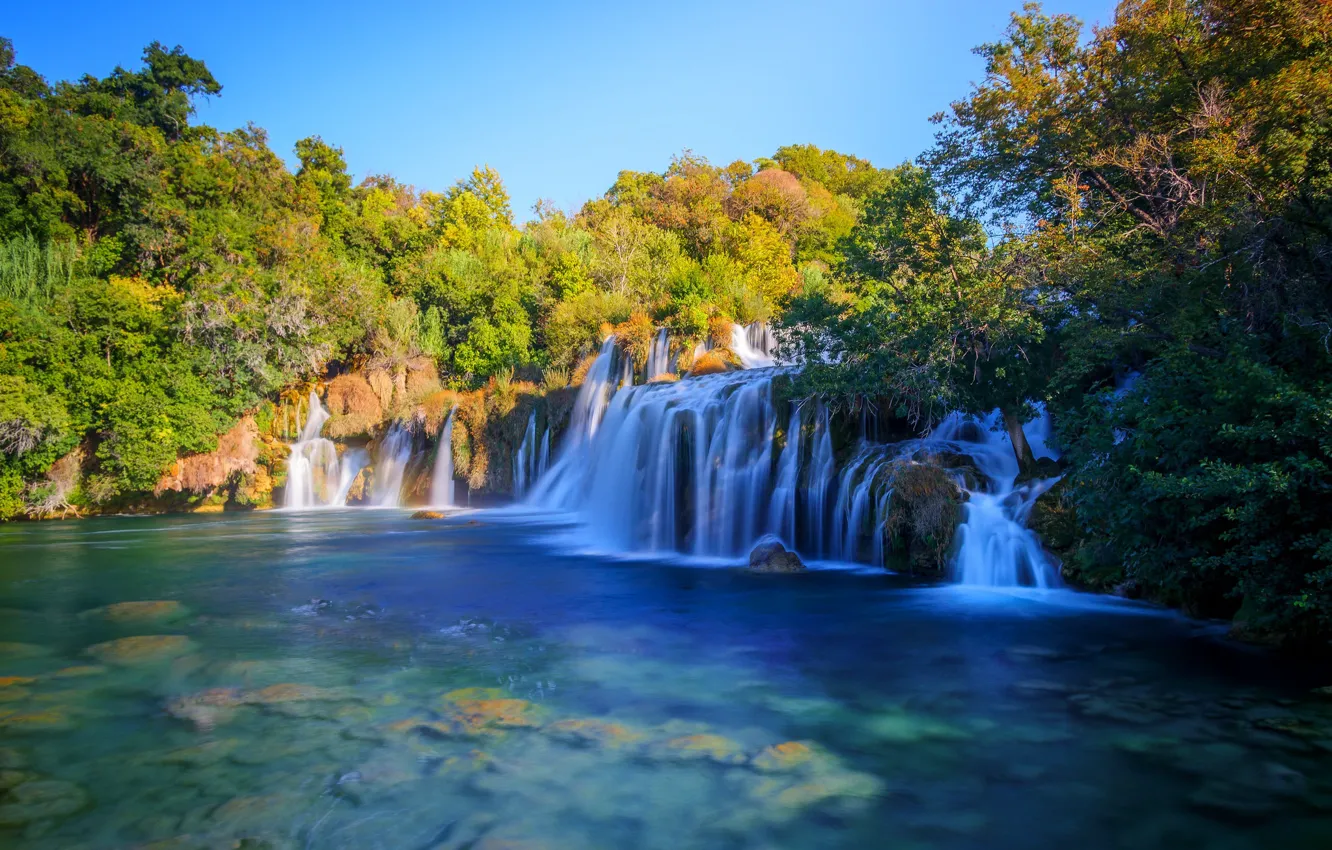 Photo wallpaper autumn, forest, trees, river, waterfall, cascade, Croatia, Croatia