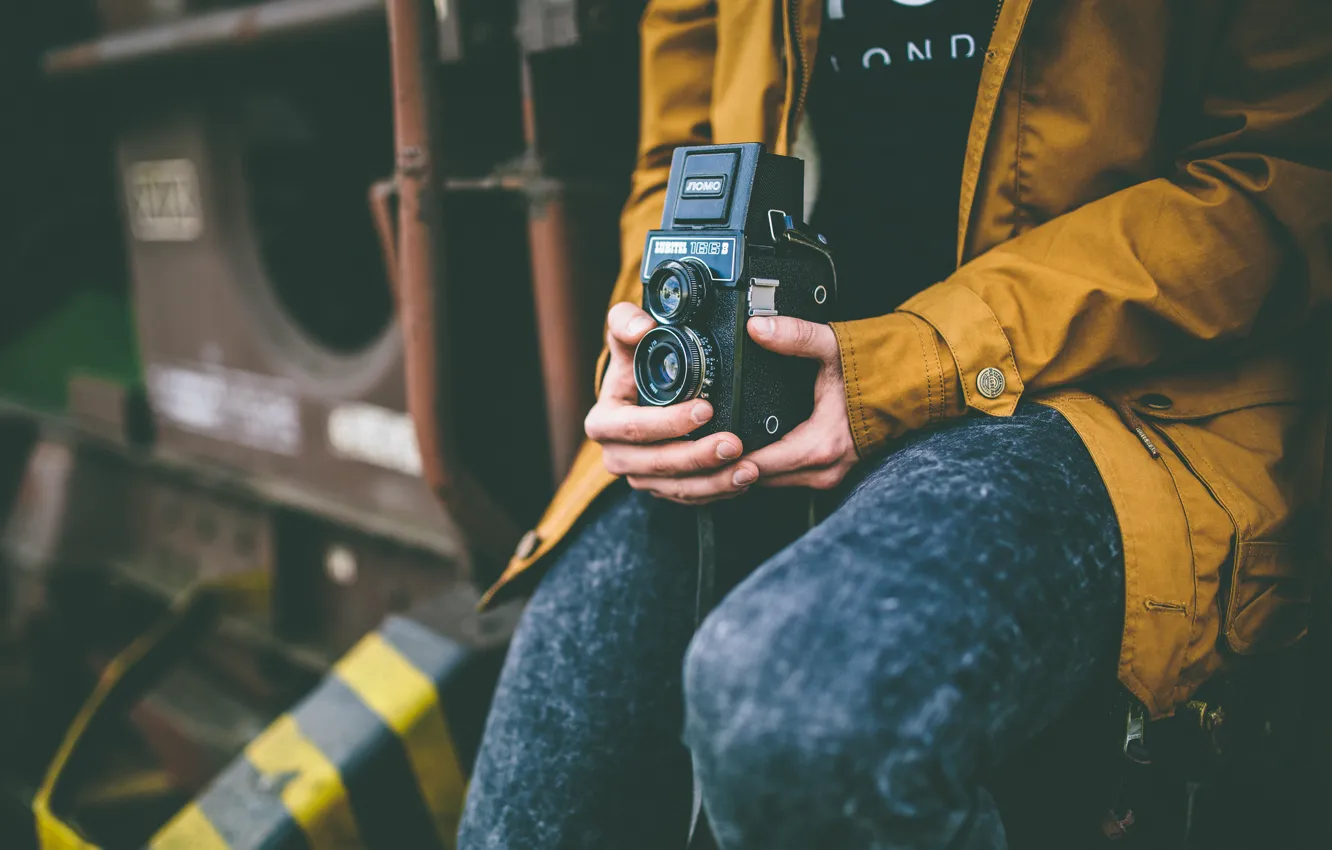 Photo wallpaper camera, hands, male, jacket, bokeh, 166B, Lubitel