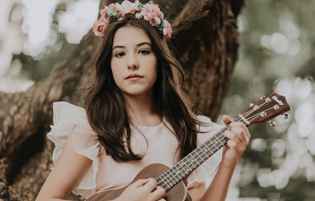 Photo wallpaper look, flowers, guitar, guitar, wreath, flowers, beautiful girl, wreath