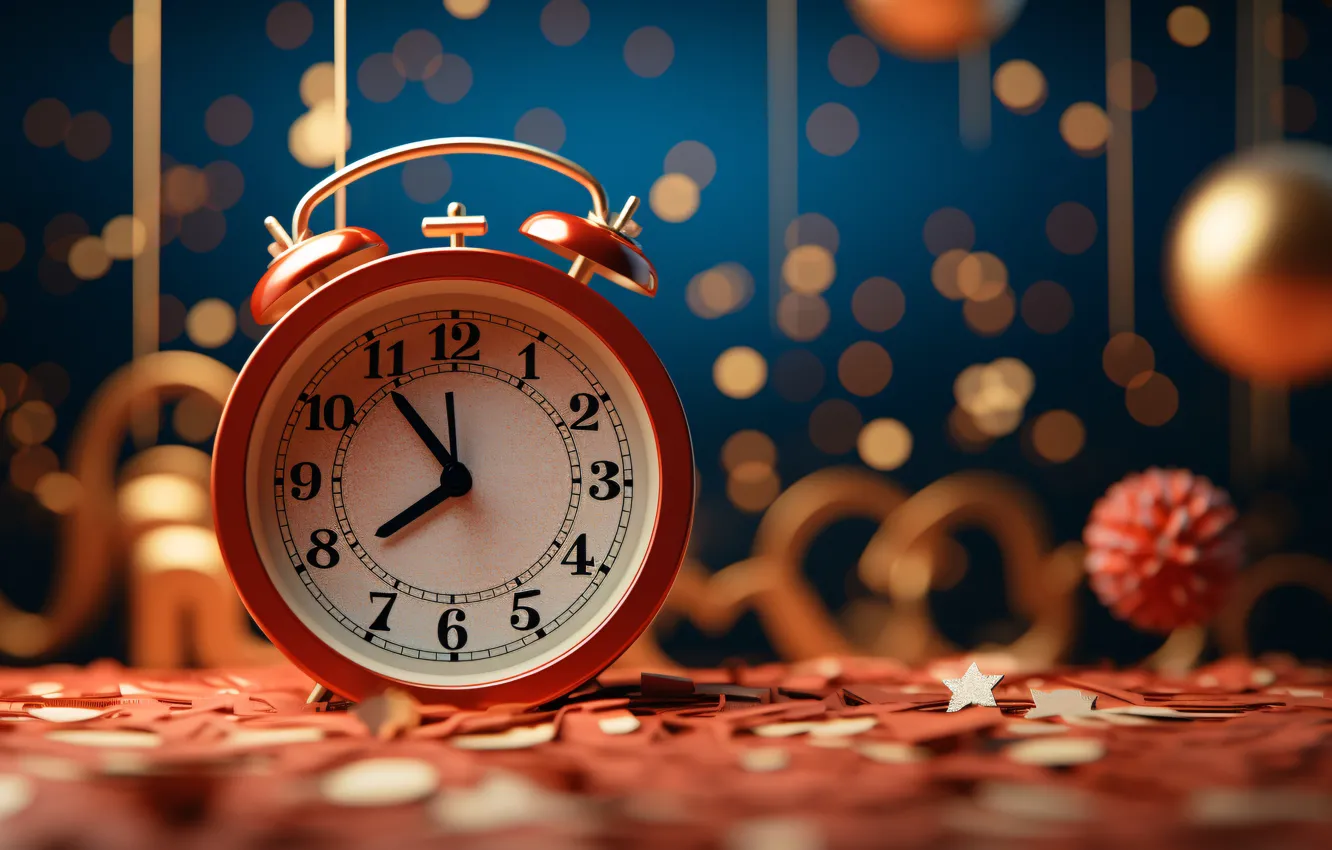 Photo wallpaper balls, time, watch, new year, alarm clock, Christmas, dial, stars