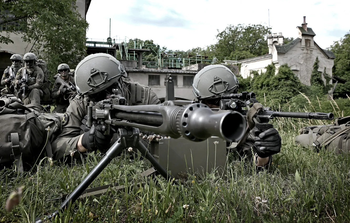 Photo wallpaper soldiers, the barrel, equipment, exercises, machine gun