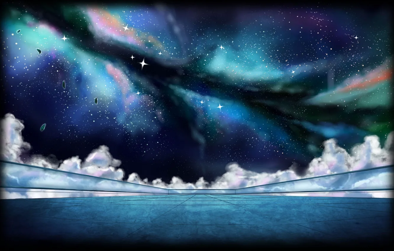 Photo wallpaper space, sky, grid, clouds, lines, stars, digital art, vignette