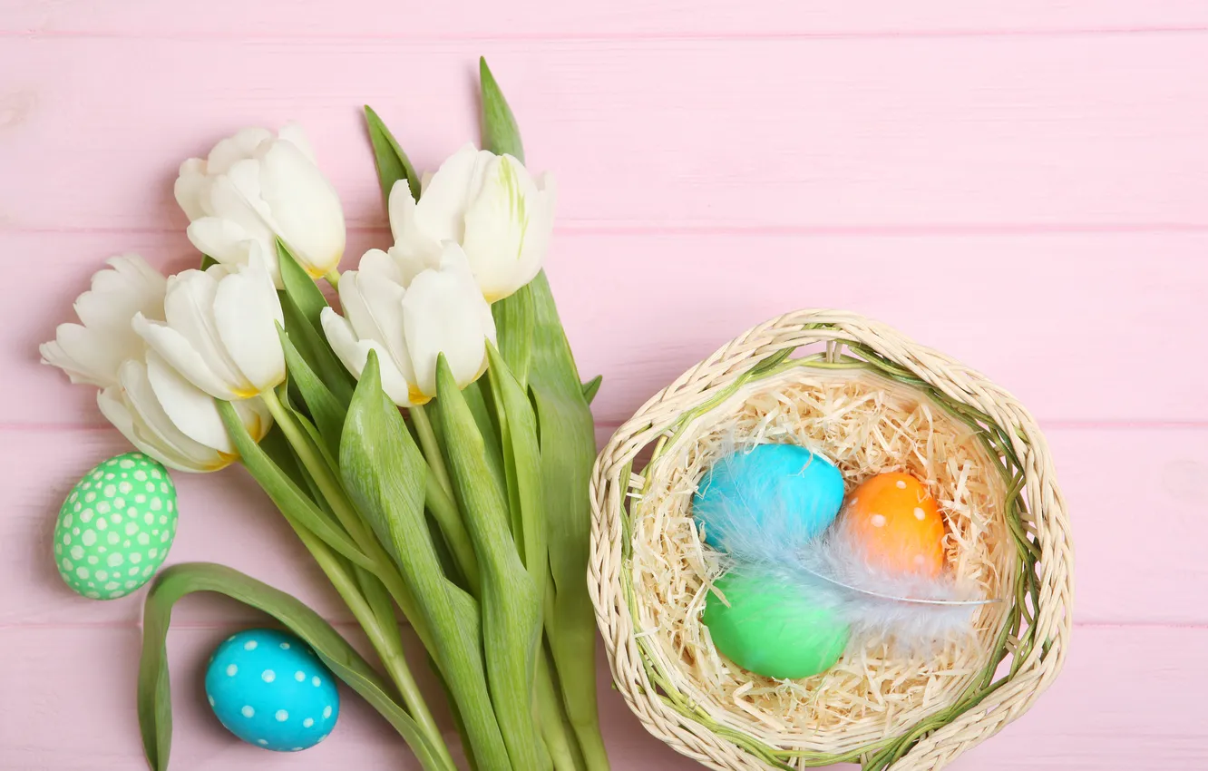 Photo wallpaper flowers, eggs, spring, colorful, Easter, tulips, wood, flowers