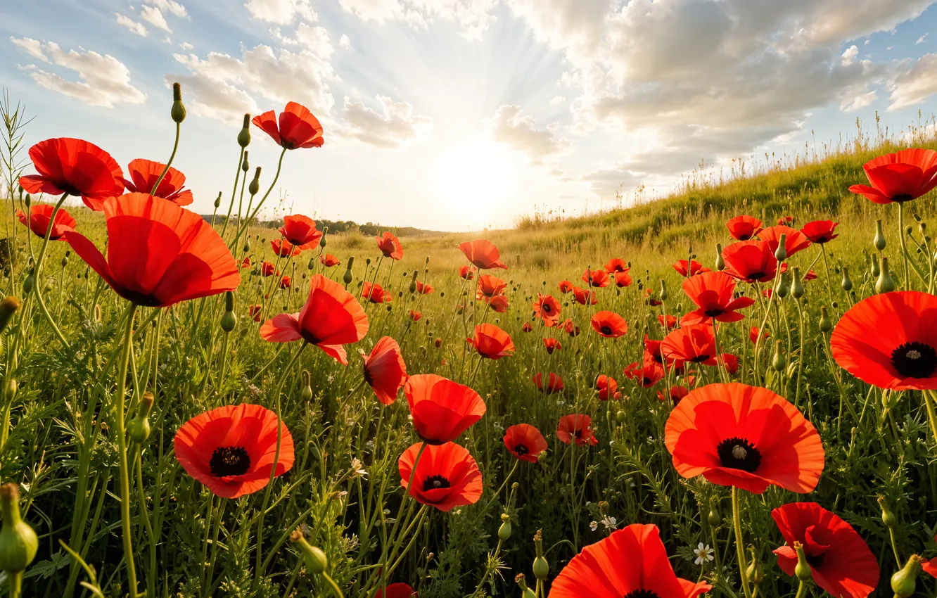 Photo wallpaper flowers, Maki, spring, colorful, meadow, blossom, flowers, spring