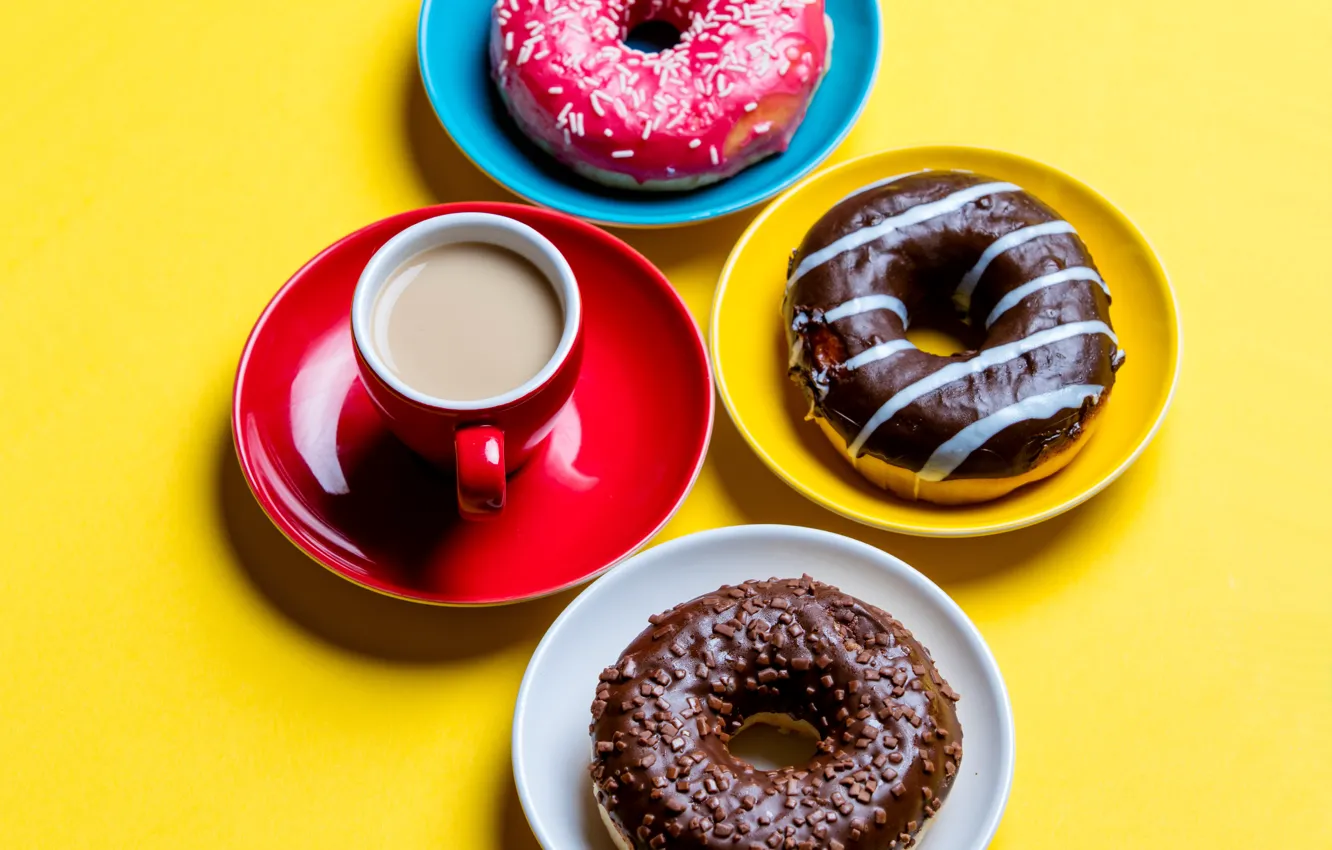 Photo wallpaper Chocolate, Coffee, Cup, Donuts, Cakes, Colored Background, Taratarini