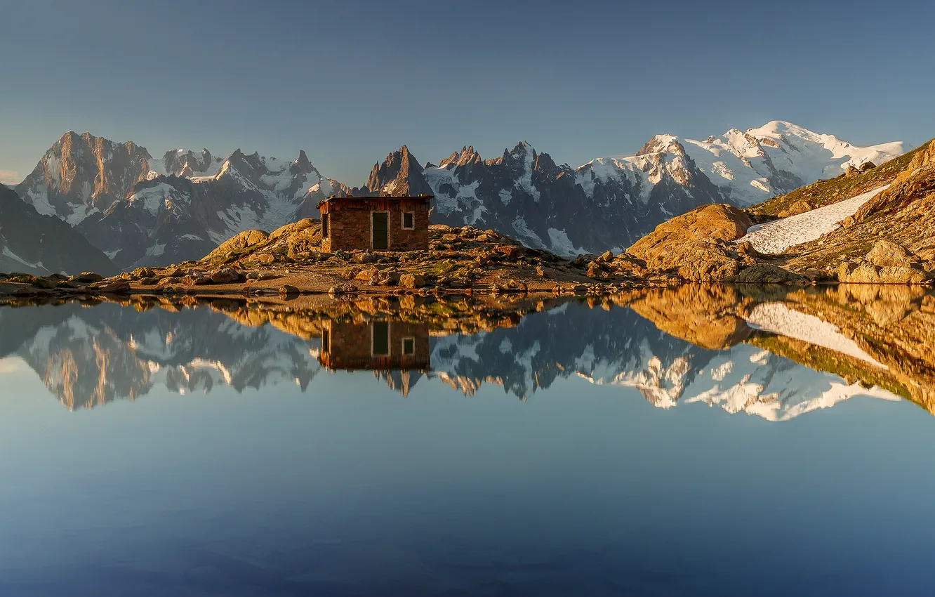 Photo wallpaper the sky, snow, mountains, lake, France, Alps, house