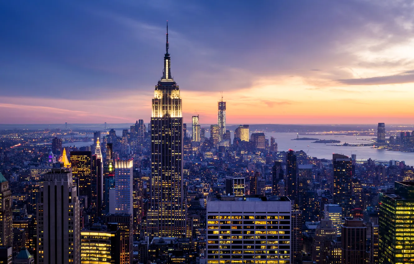 Photo wallpaper sunset, lights, coast, home, New York, skyscrapers, Bay, USA