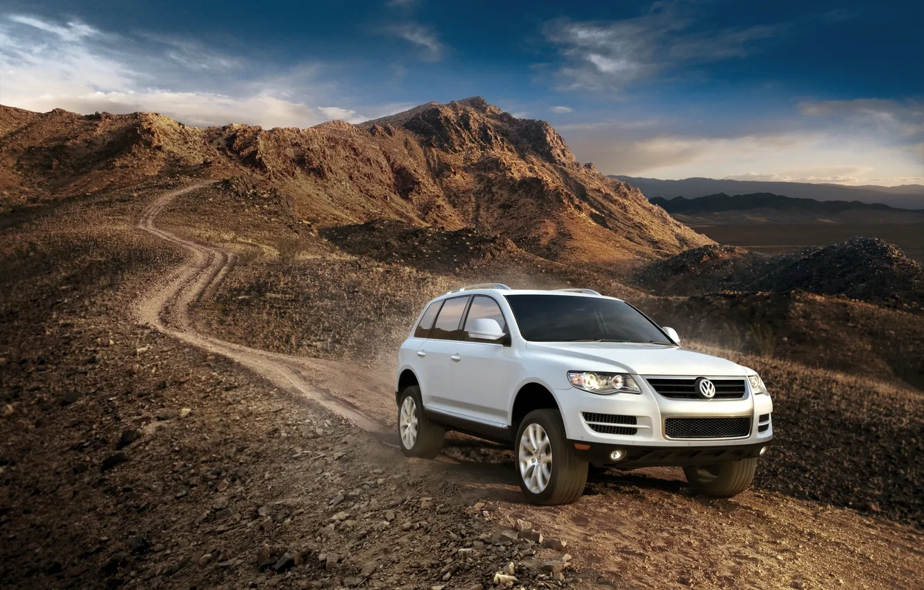 Photo wallpaper the sky, mountains, background, SUV, Touareg