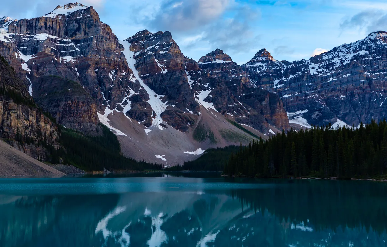 Photo wallpaper forest, water, clouds, mountains, lake, reflection, shore, tops