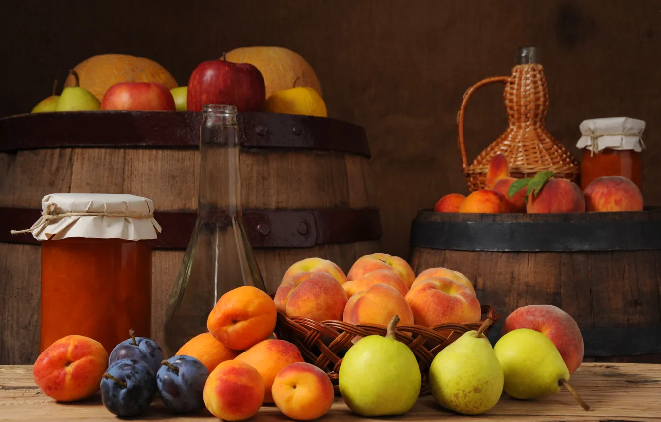 Photo wallpaper apples, fruit, barrel, peaches, plum, pear, jam