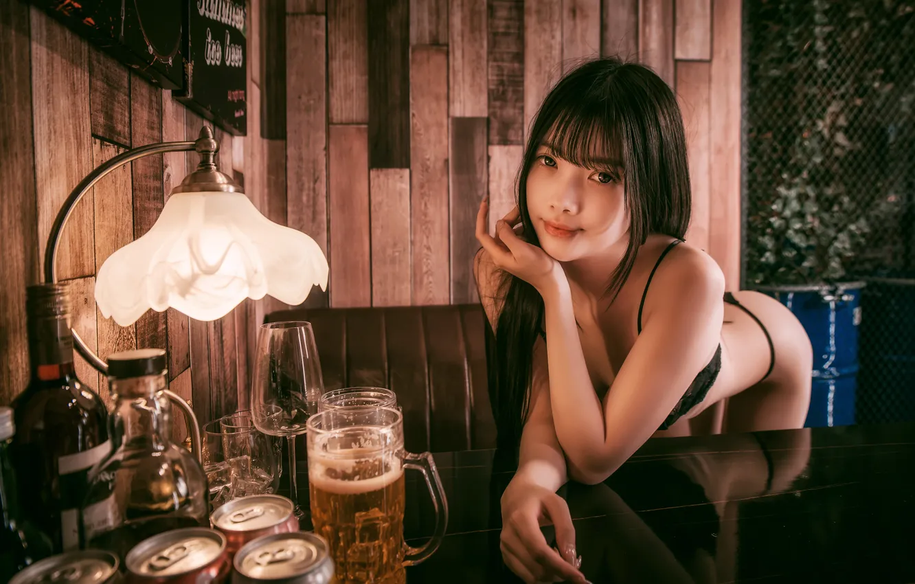 Photo wallpaper girl, beer, Asian