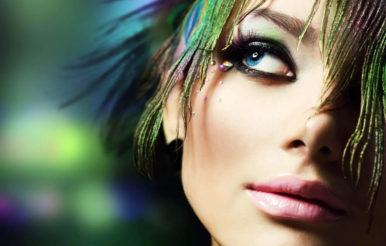 Photo wallpaper girl, feathers, makeup, blue eyes