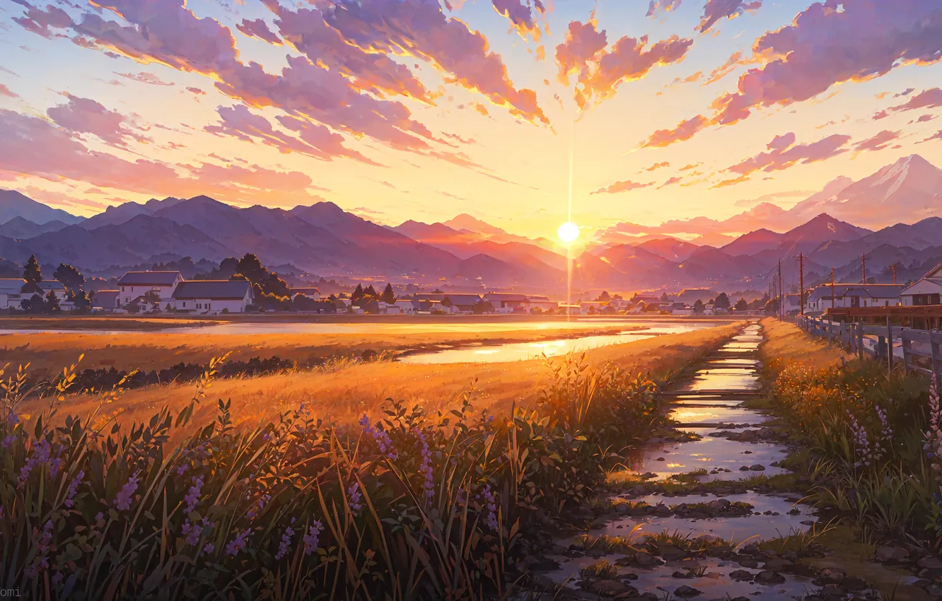 Photo wallpaper road, field, the sky, sunset, mountains, figure