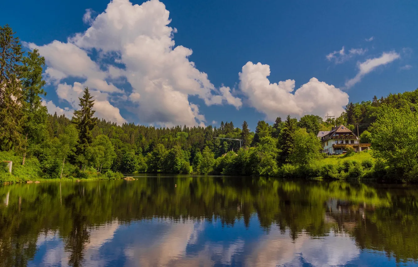 Photo wallpaper forest, clouds, lake, house, reflection, Germany, Germany, Baden-Württemberg