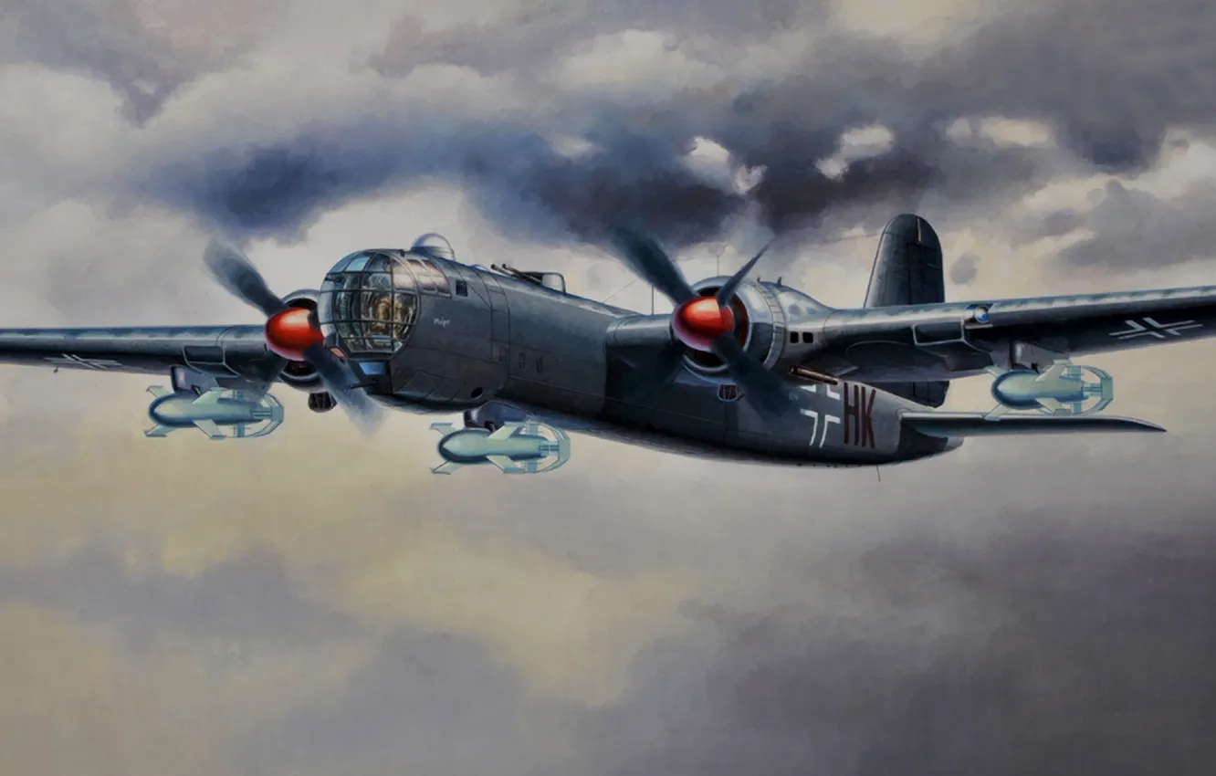 Photo wallpaper war, art, painting, aviation, WW2, german bomber, Heinkel He 177