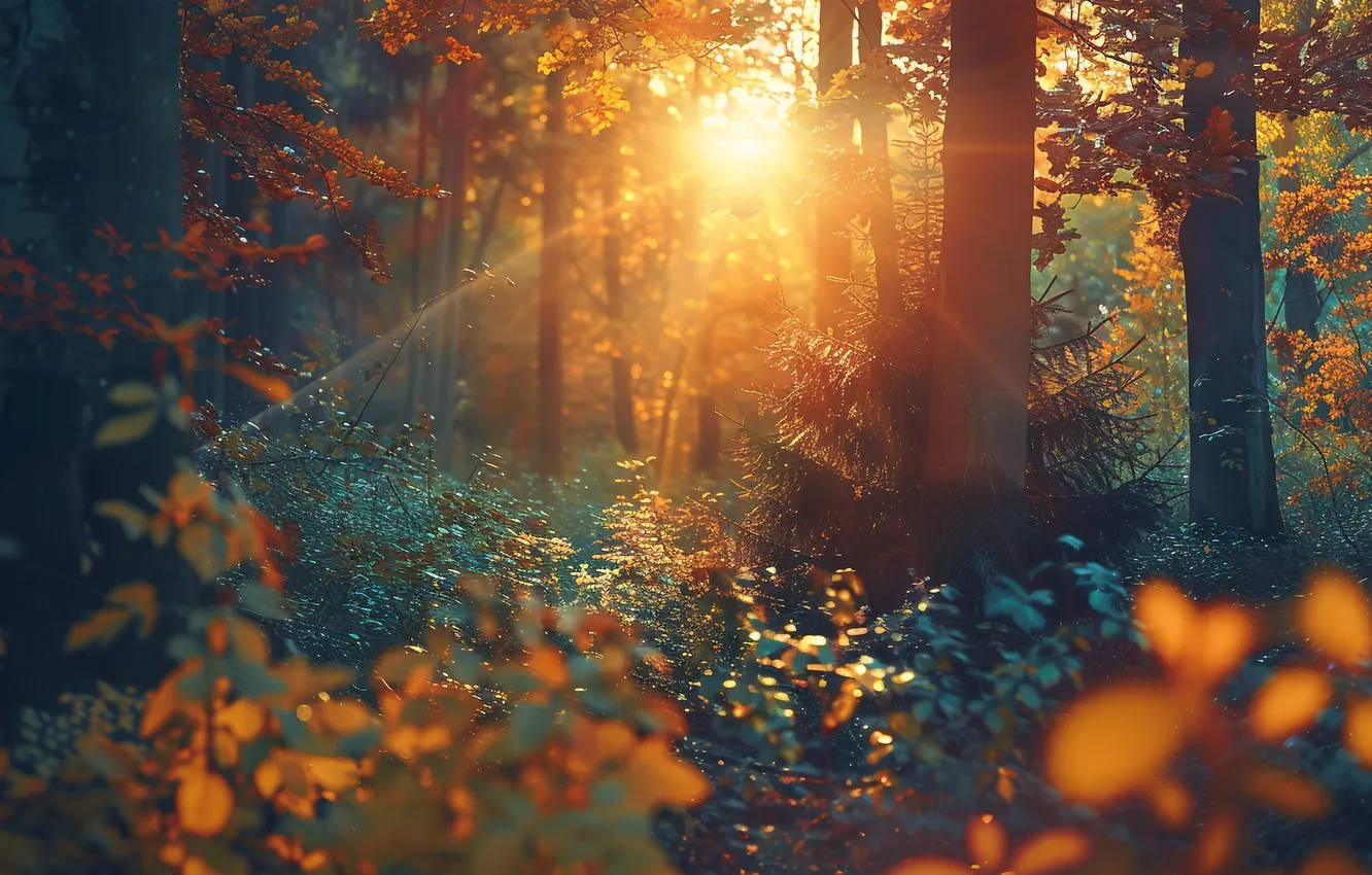 Photo wallpaper autumn, forest, the sun, rays, trees, nature, thickets, foliage