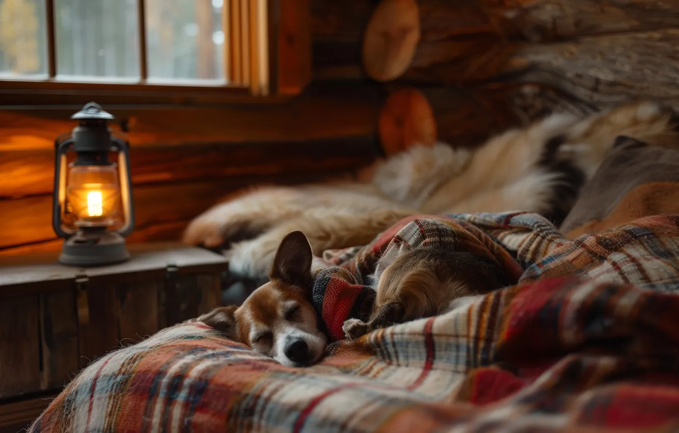 Photo wallpaper winter, comfort, heat, bed, sleep, home, dog, lights