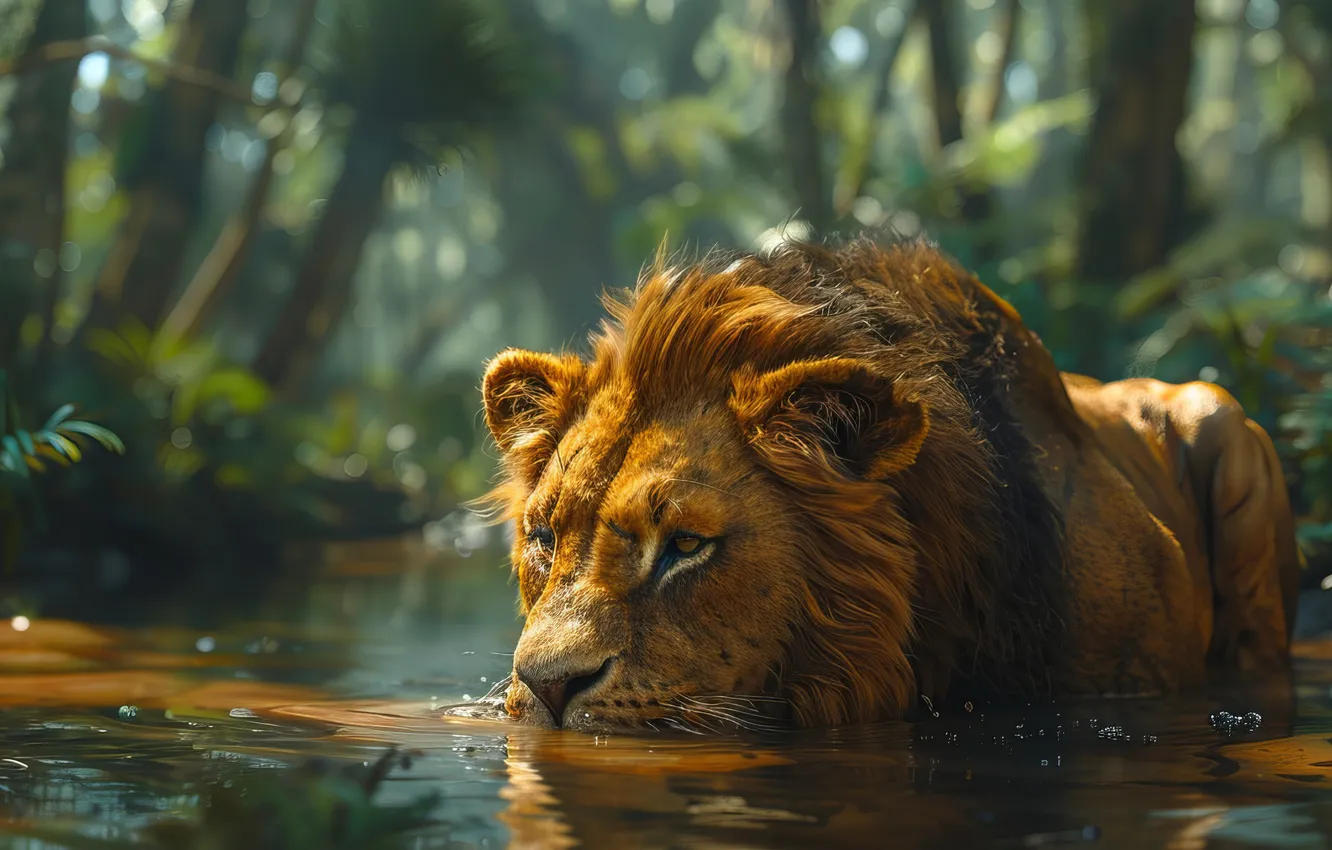 Photo wallpaper predator, Leo, river, drink, big cat, digital art, AI art, The Art of Artificial Intelligence