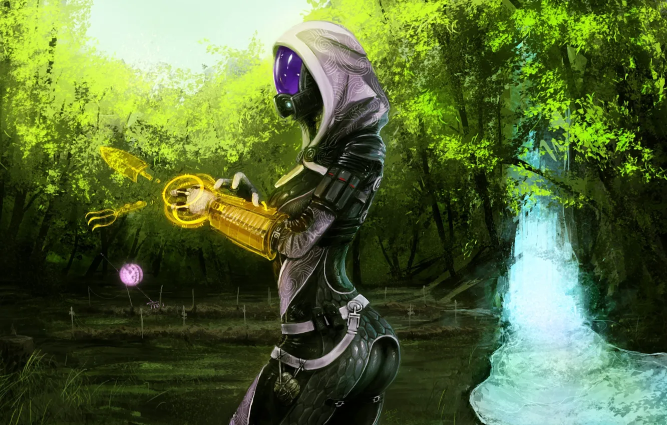 Photo wallpaper waterfall, mass effect, the garden, drone, instrumental, tali