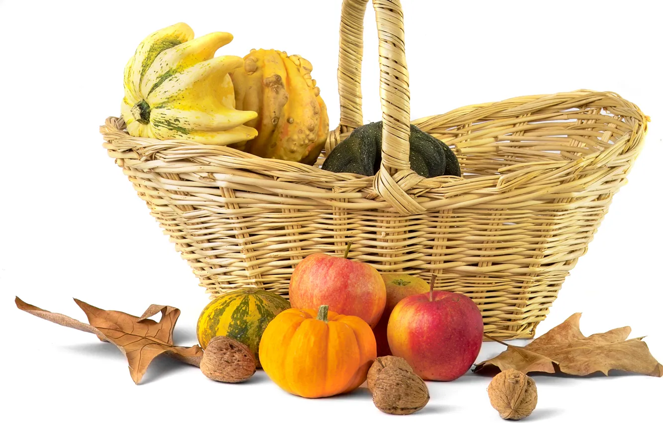 Photo wallpaper autumn, leaves, basket, apples, pumpkin, nuts, still life, oyoshi