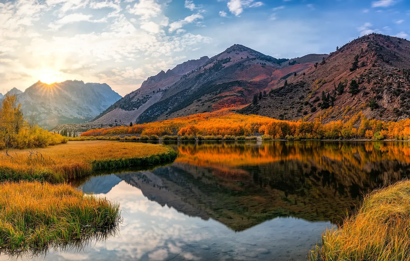 Photo wallpaper autumn, mountains, lake, reflection, CA, California, Sierra Nevada, Sierra Nevada