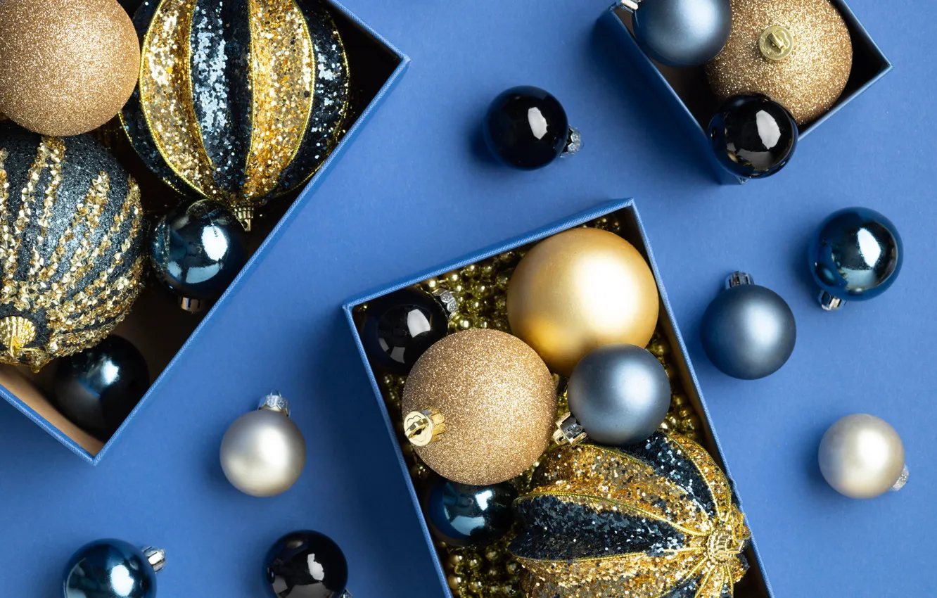 Photo wallpaper balls, background, balls, Christmas, New year, box