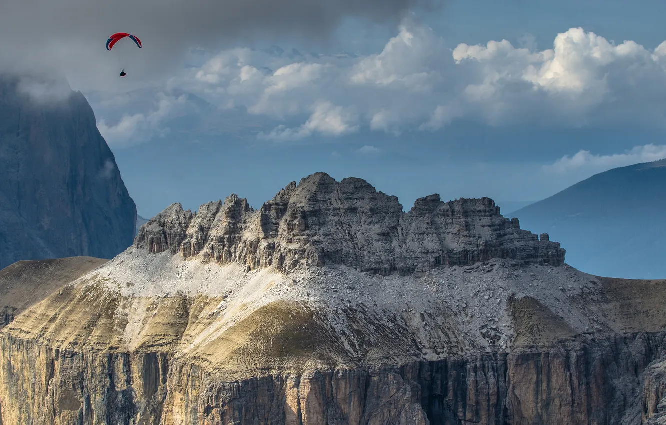 Photo wallpaper the sky, clouds, mountains, space, Paraglider flying Dolomites, Pordoi, Paragliding over the Dolomites, Sass