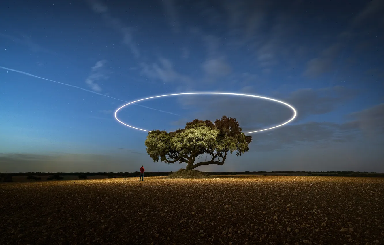Photo wallpaper sky, field, nature, night, stars, tree, man, long exposure