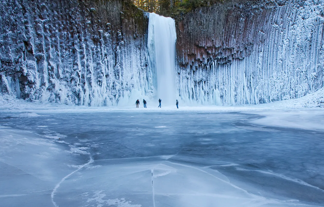 Photo wallpaper ice, winter, people, waterfall