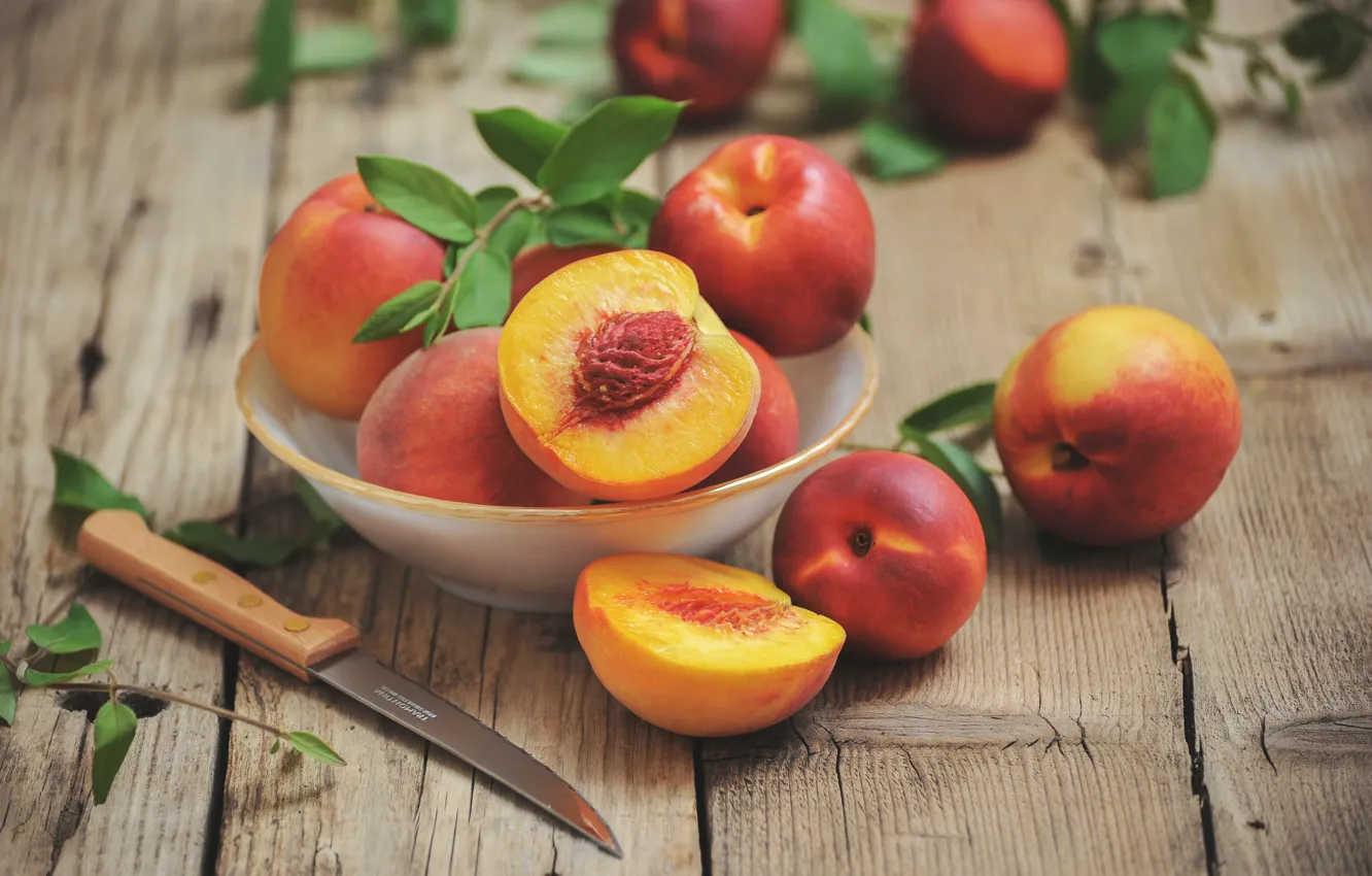 Photo wallpaper fruit, peaches, wood