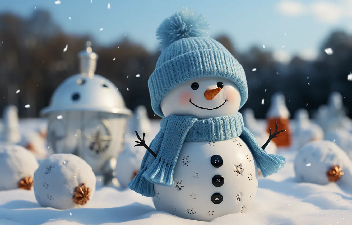Photo wallpaper winter, snow, new year, Christmas, snowman, Christmas, night, winter