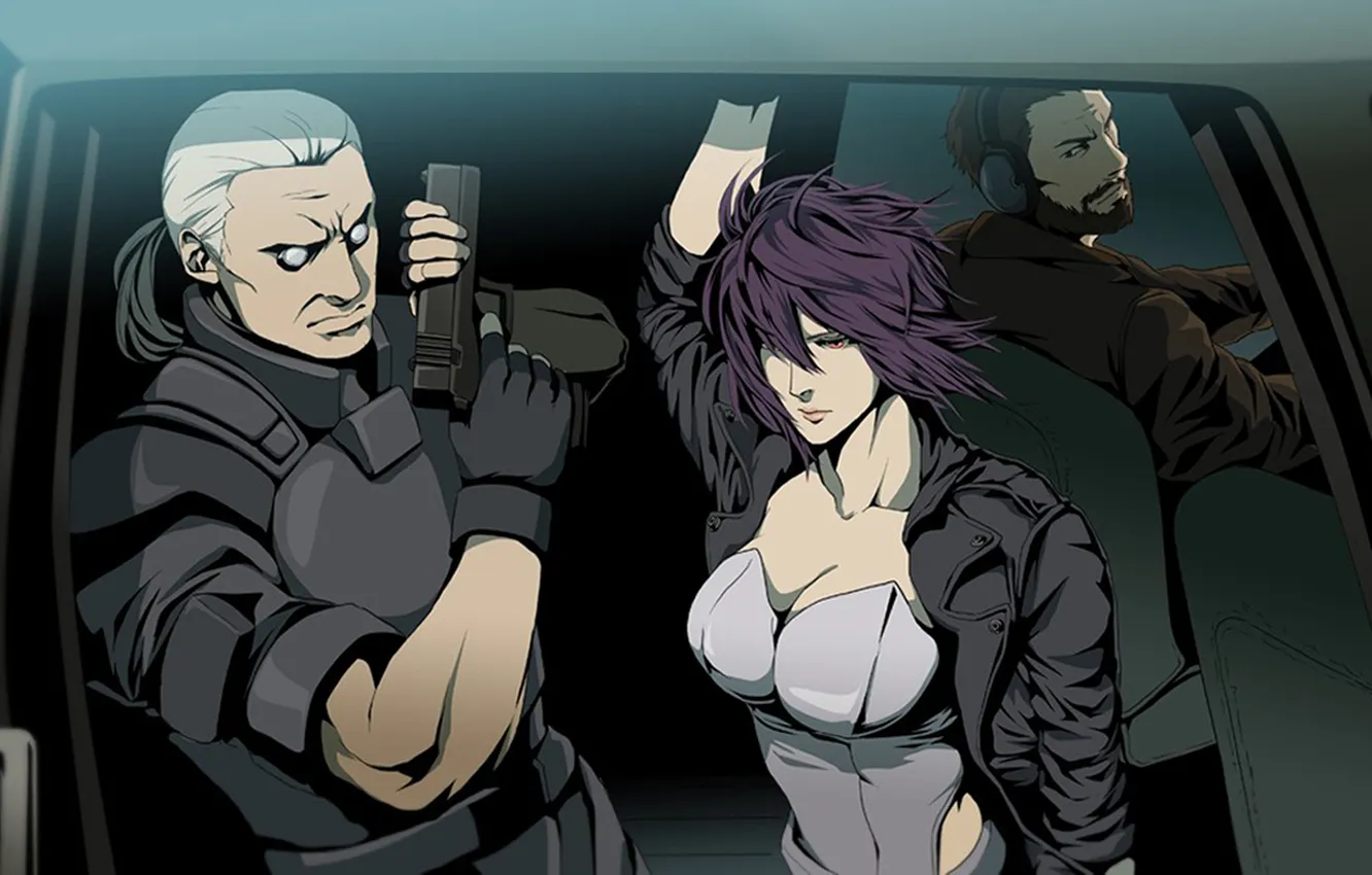 Photo wallpaper girl, gun, the wind, helicopter, gloves, cyborg, red eyes, Ghost in the shell